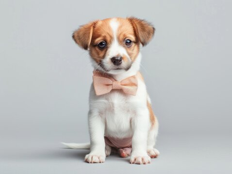 Adorable Mixed-Breed Puppy with Reddish-Brown Fur Wearing Pink Bow Tie, Studio Portrait, Cute Canine Companion, Curious Expression