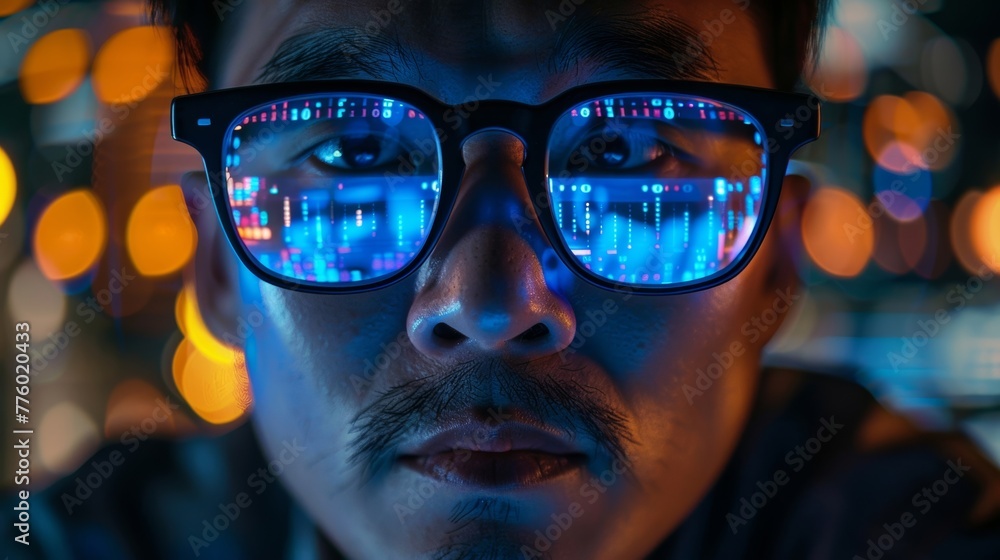 Poster a programmer wearing glasses focuses on coding on their computer, utilizing digital technology for c