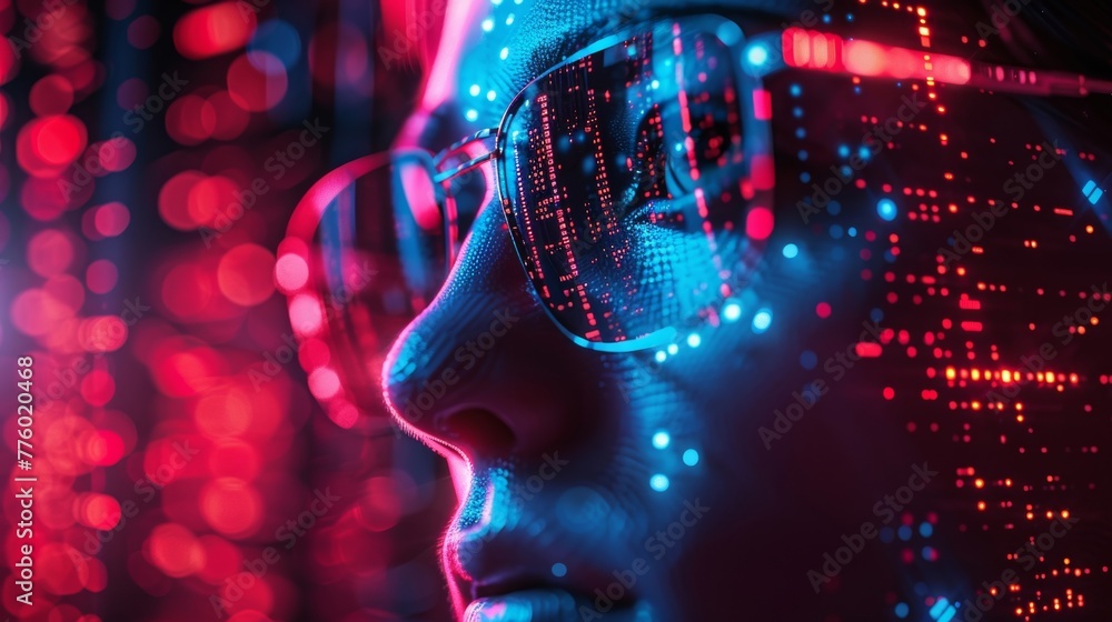 Poster create a glitched portrait of david in a cyberpunk aesthetic, showcasing the intersection of ai, vr,