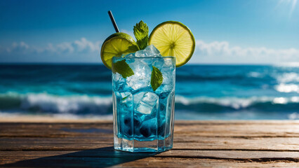 Cold refreshing mojito with pieces of lime, mint and pieces of ice with a black straw in the rays of the summer sun against the backdrop of the azure ocean