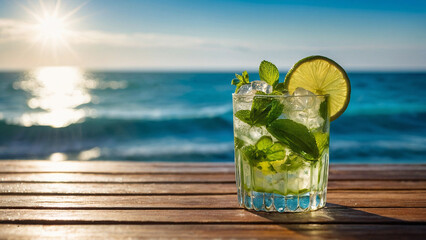 Cold refreshing mojito with slices of lime, mint and pieces of ice in the rays of the summer sun against the backdrop of the azure ocean