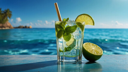 Cold refreshing mojito with pieces of lime, mint and pieces of ice with a straw in the rays of the summer sun against the backdrop of the azure ocean