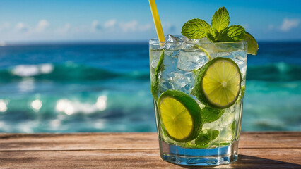 
Cold refreshing mojito with pieces of lime, mint and pieces of ice with a yellow straw in the rays of the summer sun against the backdrop of the azure ocean