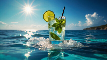
Cold refreshing mojito with pieces of lime, mint and pieces of ice with a black straw in the rays of the summer sun against the backdrop of the azure ocean