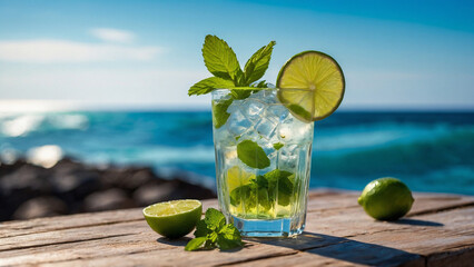 Cold refreshing mojito with slices of lime, mint and pieces of ice in the rays of the summer sun against the backdrop of the azure ocean