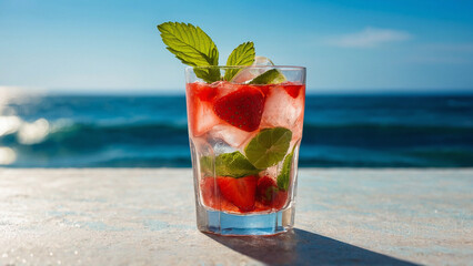 
Cold refreshing mojito with slices of lime, mint, strawberries and pieces of ice in the rays of the summer sun against the backdrop of the azure ocean