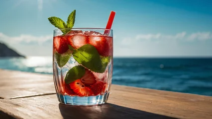 Foto op Canvas Cold refreshing mojito with slices of lime, mint, strawberries and pieces of ice with a red straw in the rays of the summer sun against the backdrop of the azure ocean © Svitlana