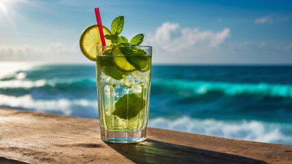 Cold refreshing mojito with pieces of lime, mint and pieces of ice with a red straw in the rays of the summer sun against the backdrop of the azure ocean
