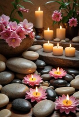 A tranquil spa retreat awaits with candles casting a soft glow on aromatic flowers 