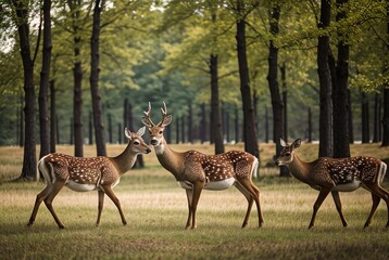 A flock of beautiful spotted deer with huge horns in the forest among trees and green grass. Wild...