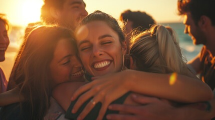 A jubilant crowd of friends and colleagues embrace each other in a tight group hug, their smiles reflecting genuine happiness and mutual support,