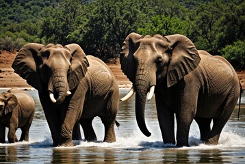 An elephant family swims in a pond on a hot sunny day in Africa. Elephants drink water from the...