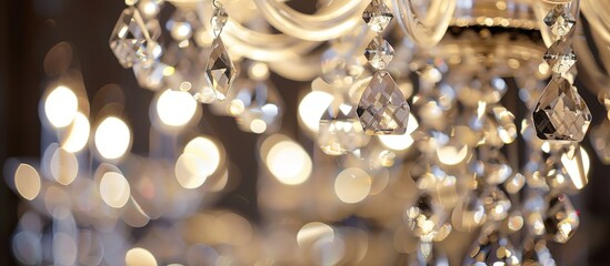 Close-up of a chandelier with numerous crystal beads - obrazy, fototapety, plakaty