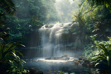 Waterfall in the forest - Enchanting hidden waterfall in a lush tropical jungle - Generated By AI