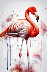 Pink flamingo. White background with paint. AI