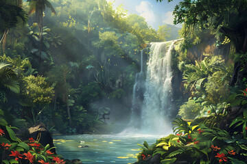 Waterfall in the forest - Enchanting hidden waterfall in a lush tropical jungle - Generated By AI - obrazy, fototapety, plakaty