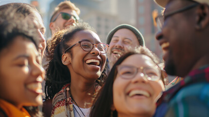 an image of a group of people laughing hard, looking into camera, - Powered by Adobe