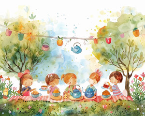Obraz na płótnie Canvas A whimsical watercolor illustration of a group of children having a magical tea party with whimsical teapots and delicious treats