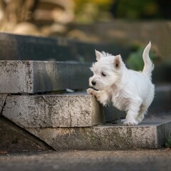West highland white terrier puppy trying to climb a small step showcasing its determination and spunk - obrazy, fototapety, plakaty