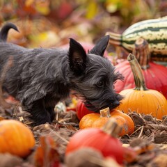 Scottish terrier puppy exploring a pumpkin patch in autumn sniffing around the vibrant gourds