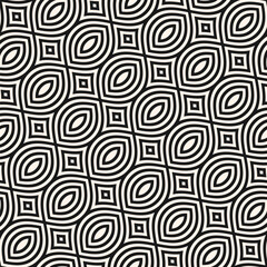Vector monochrome abstract geometric seamless pattern in arabesque style. Black and white background with curved lines, simple shapes, diagonal grid. Elegant minimal ornament texture. Repeating design