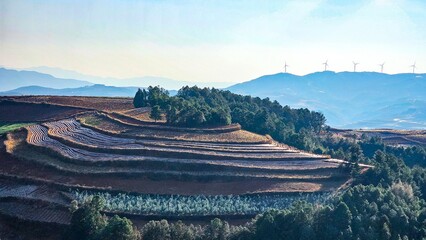 Mountainous terrain with rolling hills in Yuepuao, Kunming, China
