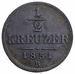 Vintage Austrian copper coin inscribed "1 2 KREUZER 1851 B" isolated on white background