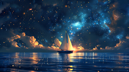 art illustration sailing boat under galaxy night sky dream, generative Ai
