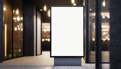 White screen isolated mockup, billboard on a shop entrance. Night shot. Dark background. Blank space for your design. Illustration. - obrazy, fototapety, plakaty