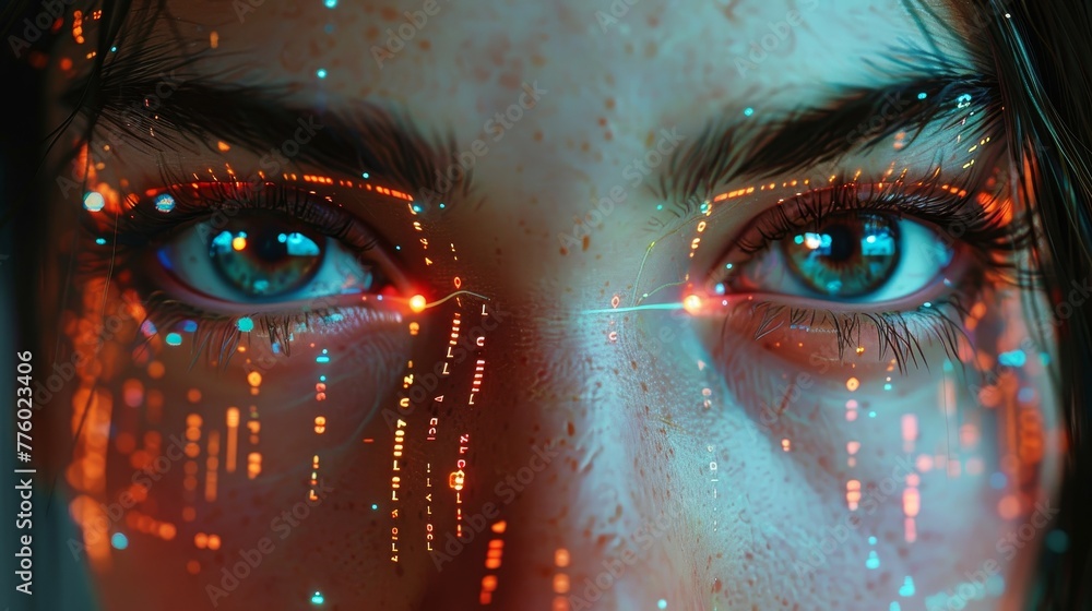 Poster The futuristic monitor on the face has a hologram that shows code and information. The hologram moves with the eye. Future concept.