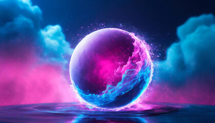 Abstract round energy sphere with moving liquid against dark neon purple blue clouds. Magical ball