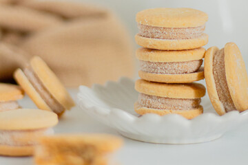 Beige biscuits on white background. Minimalist composition.