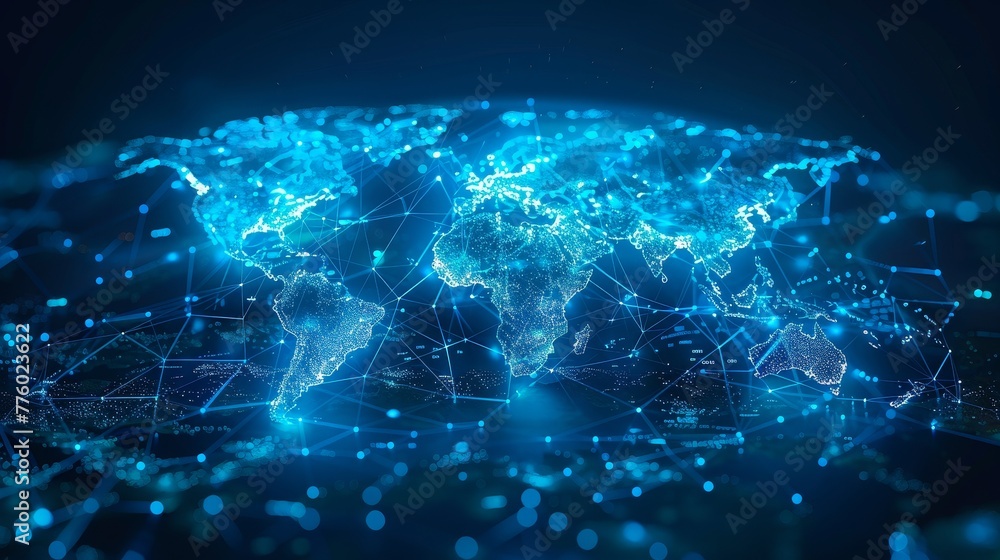 Poster this is a digital world map hologram with a blue background.