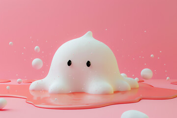 Fototapeta premium A whimsical 3D cartoon white ice cream character melting into their environment, with a minimalist pink backdrop.