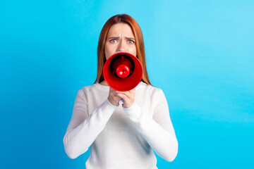 Photo portrait of attractive young woman hold megaphone annoyed dressed stylish white clothes...