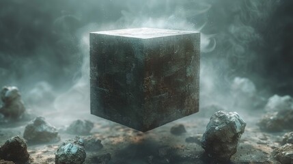 An abstract rendering of a flying cube. The cube is a sci fi shape in an empty space with a futuristic background.