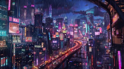 Futuristic Metropolis in Rain with Neon Lights
