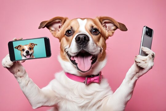 a playful dog taking a selfie, its paw poised over a camera, against an isolated pink background with a blurred backdrop, capturing the joy and spontaneity of modern pet