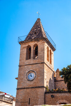 Closeup shot of a San Joan church tower in Son Servera, Majorca