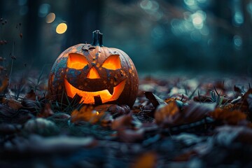 Jack-O'-Lantern in a Mysterious Forest Setting
