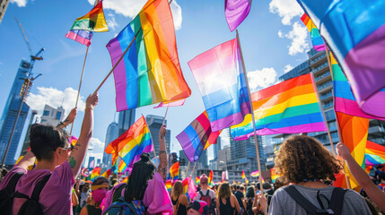 Rainbow flag as a symbol of tolerance and acceptance. LGBT communities at a pride parade in a European city. Human rights, equality, LGBT. Copy space