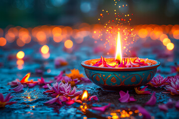 premium shubh diwali greeting card with diya in indian style . Translation: Shubh Diwali means happy diwali festival of light