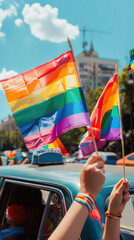 Rainbow flag as a symbol of tolerance and acceptance. LGBT community at the pride parade hand waving a flag from a car window. Human rights, equality, LGBT. Copy space