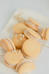 Beige biscuits on white background. Minimalist composition.