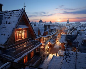 A view of the snow-covered roofs of the old Russian city.