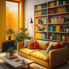 Warm interior design, inviting apartment aesthetic, bookcase, sofa carpet, 3d rendering
