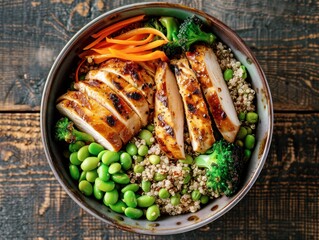 a bowl with grilled chicken fillet steaks sliced carrots quinoa broccoli, top view, on a dark wood background