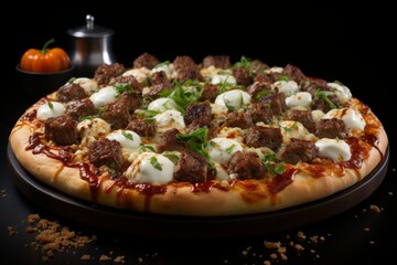Delicious italian sausage pizza with tomato sauce and melted cheese on elegant black background