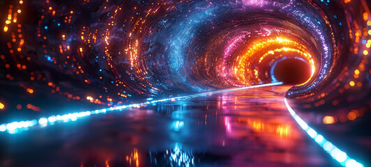 Big Data technology visualization in a form of digital tunnel. Neon Glowing Flow of data. Cyberspace background in a cyberpunk style.
