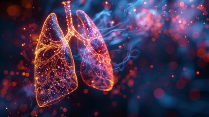 A polygonal wireframe composition for a banner concept on lung diseases. The particles are connected in a geometric silhouette. - obrazy, fototapety, plakaty